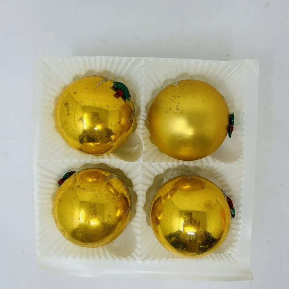 Vtg Santa’s World‎ Kurt Adler Glass Ornaments 4 Round 3D Glitter Gold Tree Bow